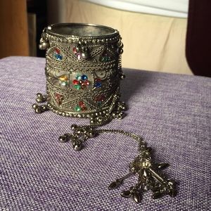 Silver Metal Bejeweled Cuff Bracelet